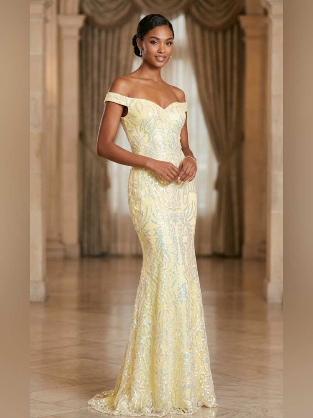 Sophia Thomas Iridescent Sequin Pastel Yellow Mermaid Prom Formal Dress size 4